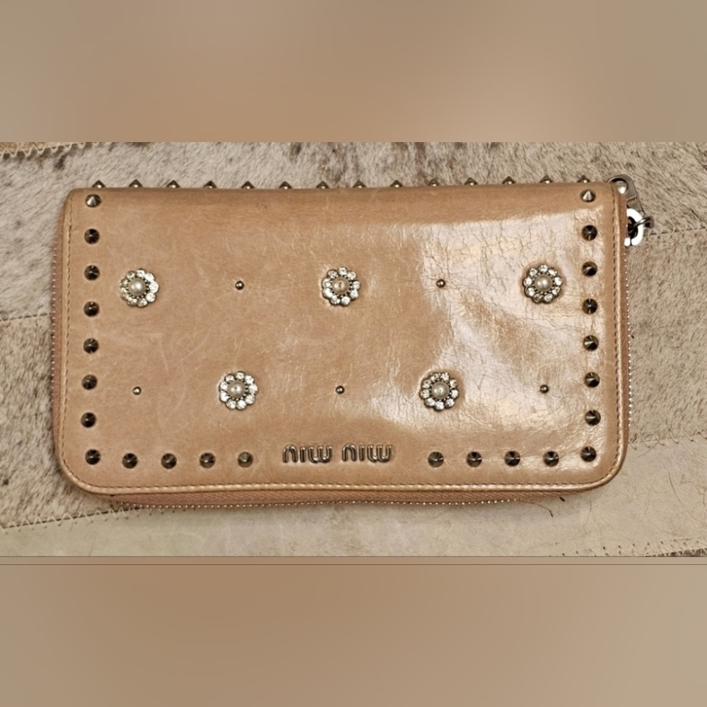 Miu Miu Tan Embellished Women's Zip Wallet
